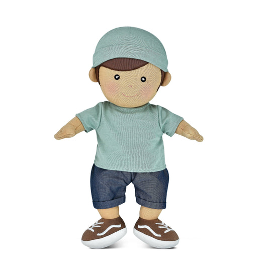 Apple Park Kids Levi soft boy doll in sage with organic cotton shirt and chambray shorts, additional view