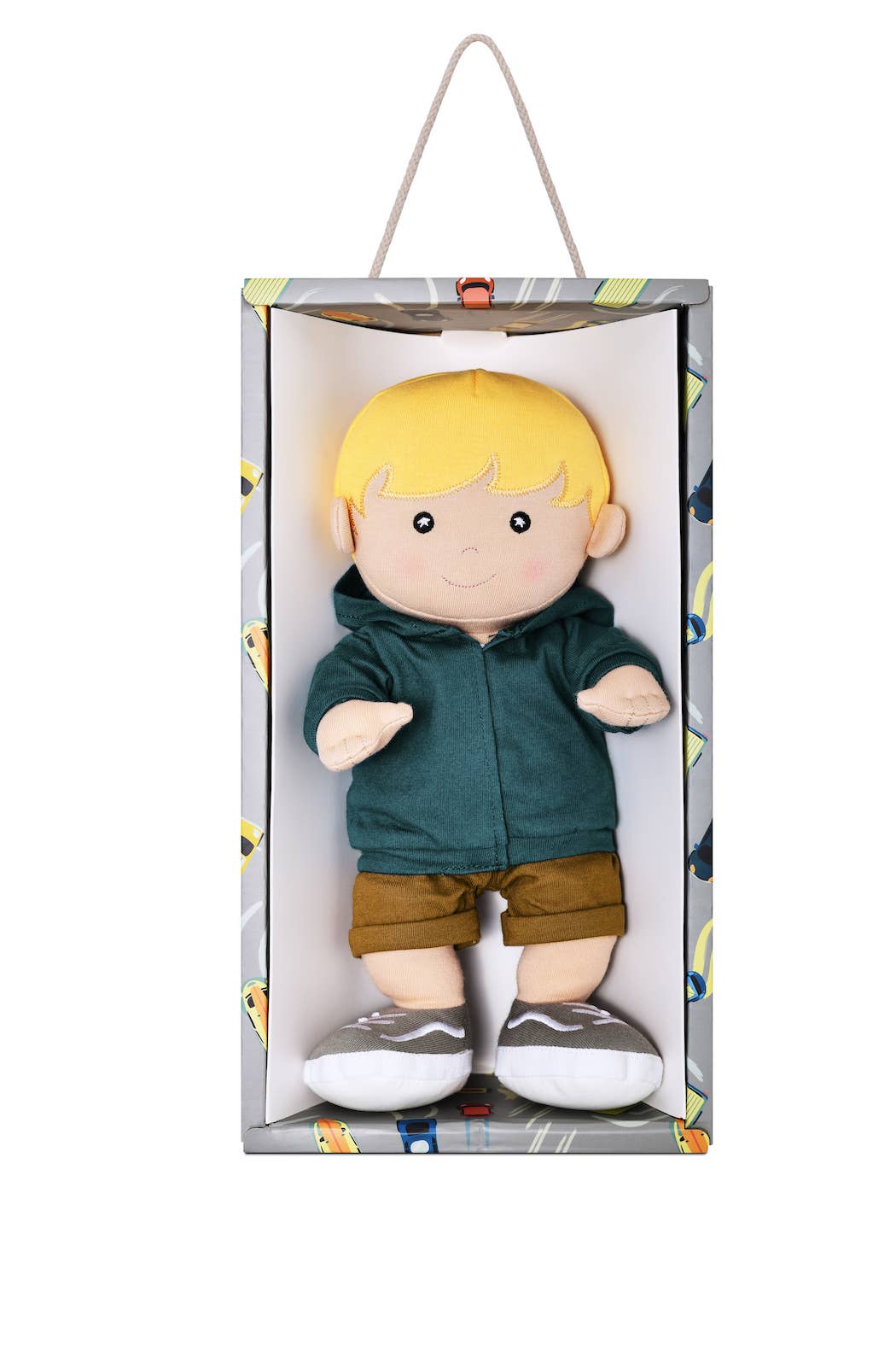 Apple Park Kids Luke soft boy doll in organic cotton hoodie and shorts