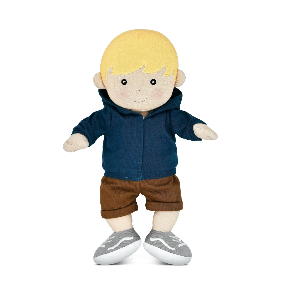 Apple Park Kids Luke soft boy doll in organic cotton hoodie and shorts, additional view