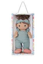 Apple Park Kids Paloma soft doll in teal muslin overalls with tie headband