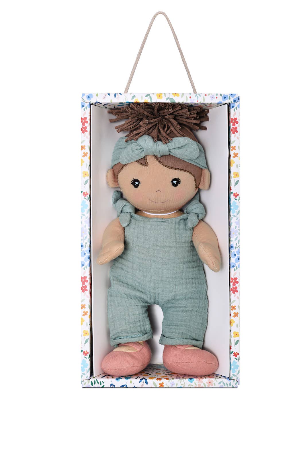 Apple Park Kids Paloma soft doll in teal muslin overalls with tie headband