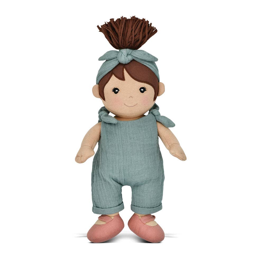 Apple Park Kids Paloma soft doll in teal muslin overalls with tie headband, additional view
