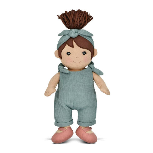 Apple Park Kids Paloma soft doll in teal muslin overalls with tie headband, additional view
