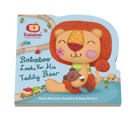 Children's book titled 'Bababoo Looks For His Teddy Bear' with a lion character on the cover.