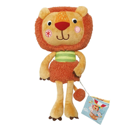 Bababoo Plush lion toy with a  soft book on a white background