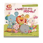 Children's book titled 'Hi THERE! Let's all be FRIENDS!' with cartoon animals on the cover.