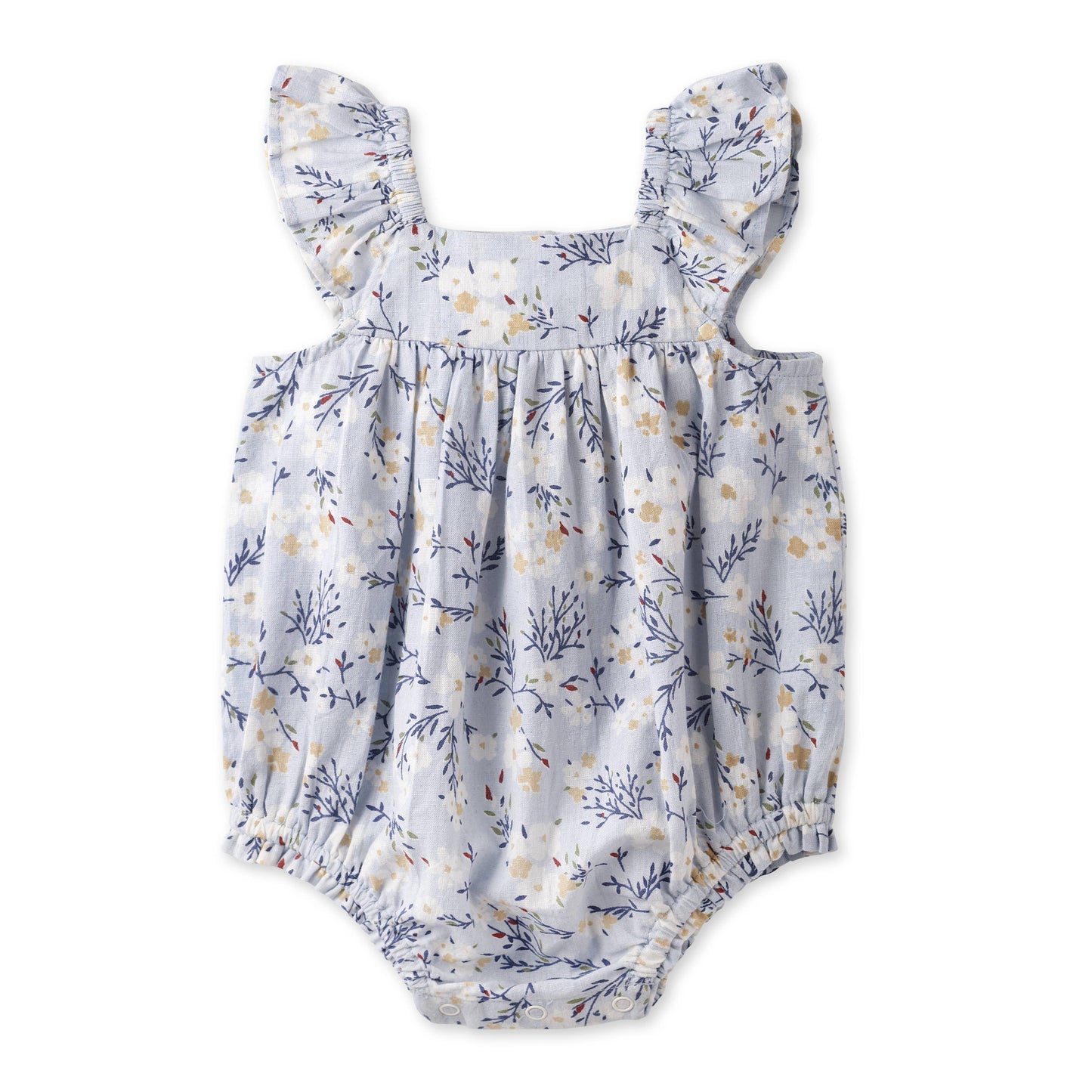 Floral-patterned baby romper on a white background