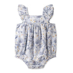 Floral-patterned baby romper on a white background