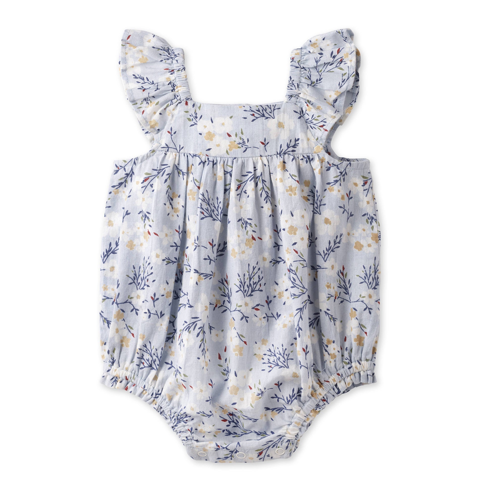 Floral-patterned baby romper on a white background