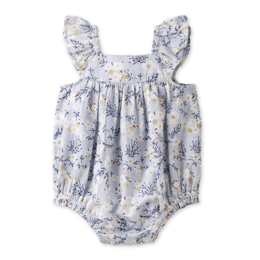 Floral-patterned baby romper on a white background