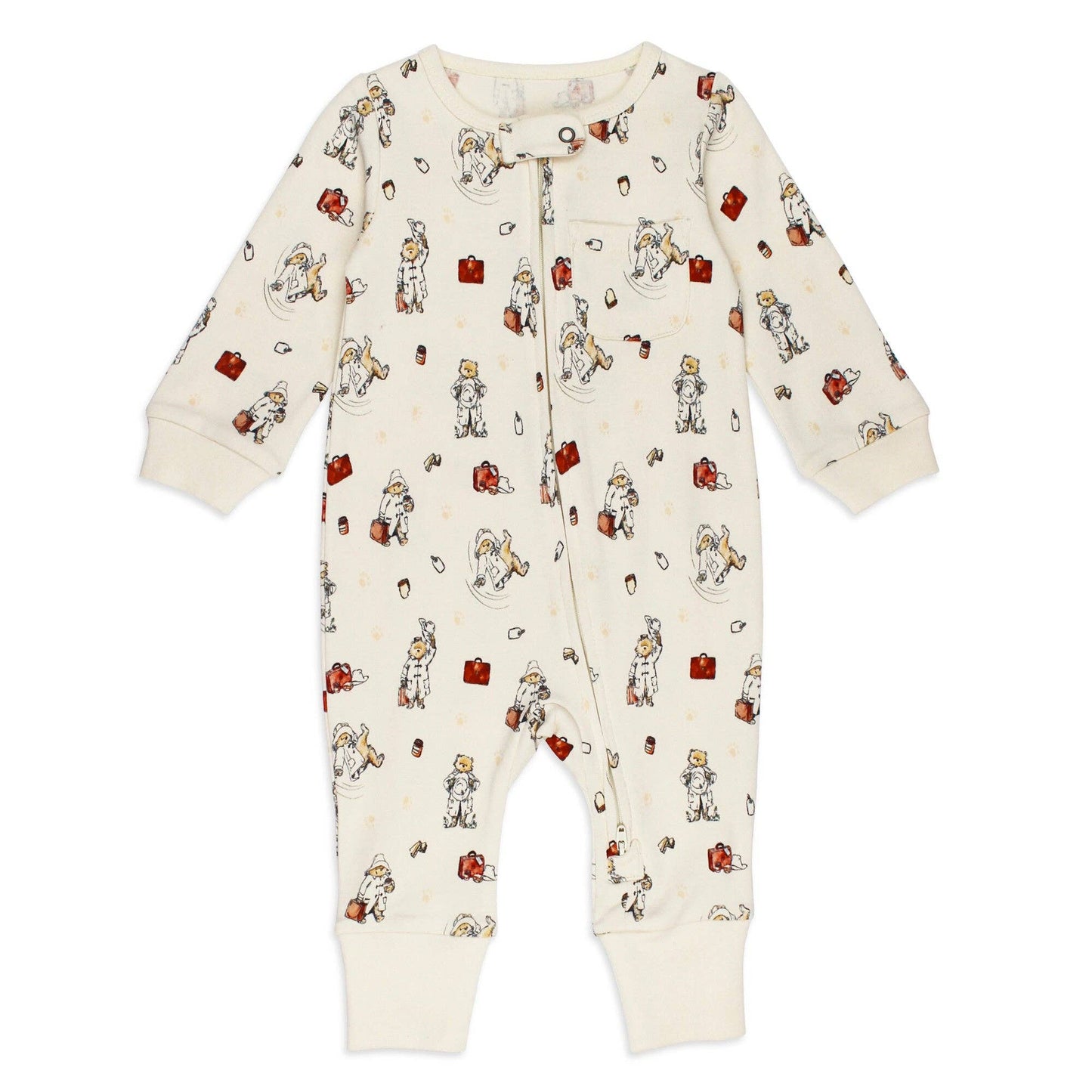Baby onesie with Paddington bear pattern on a white background
