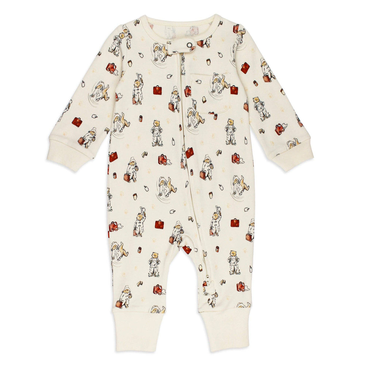 Baby onesie with Paddington bear pattern on a white background