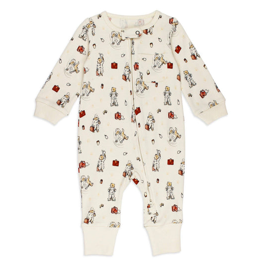 Baby onesie with Paddington bear pattern on a white background