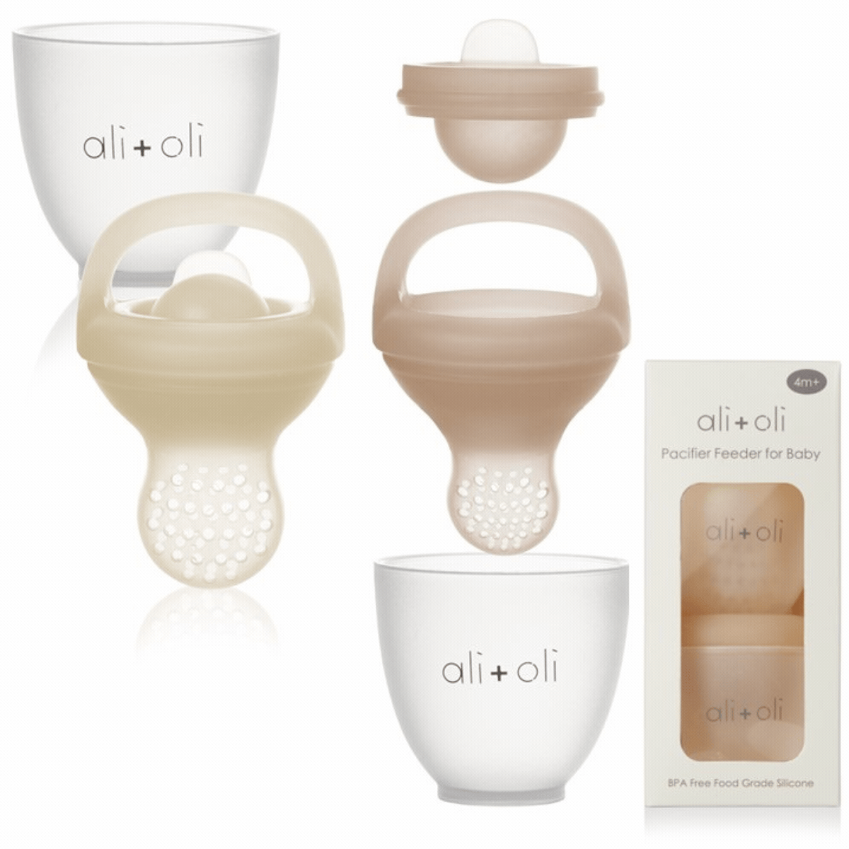 Baby pacifier feeder set with packaging on a white background