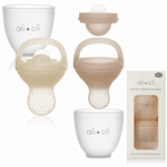 Baby pacifier feeder set with packaging on a white background