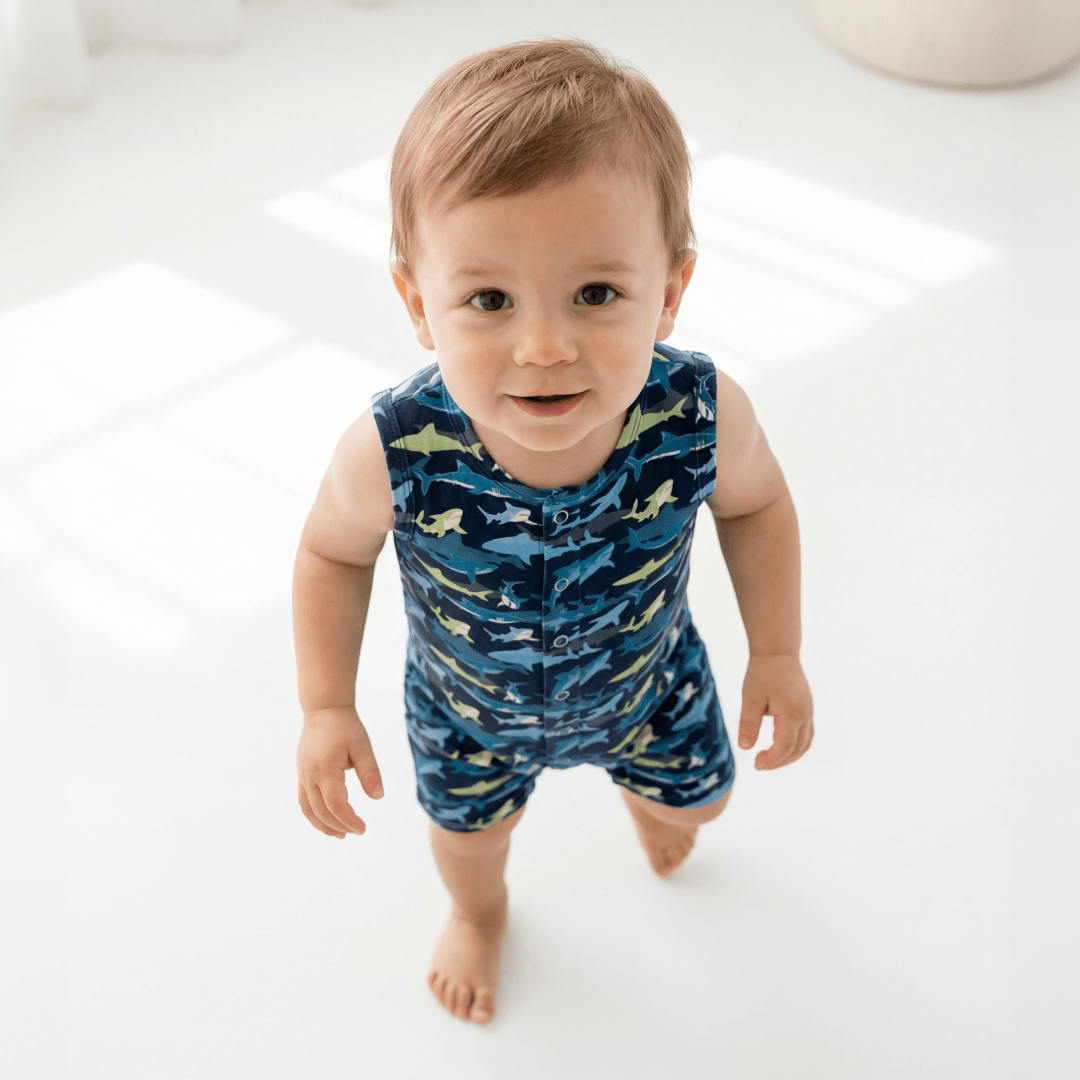 Baby wearing a blue romper with shark pattern on a white background