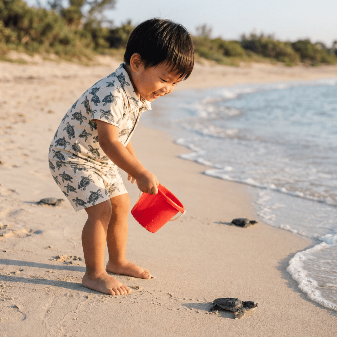 Baby wearing a sea turtle polo romper at the beach