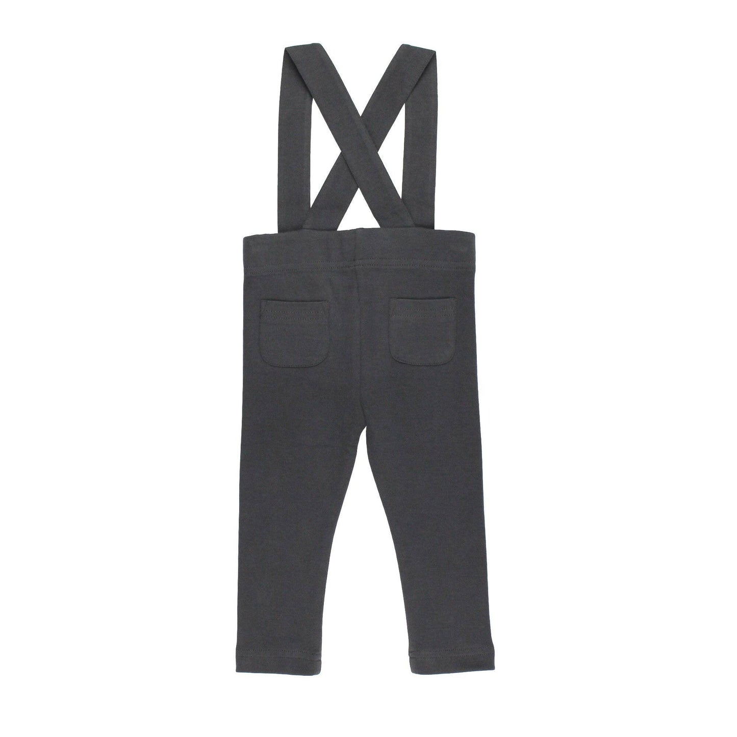 Back of charcoal pants with suspenders on a white background