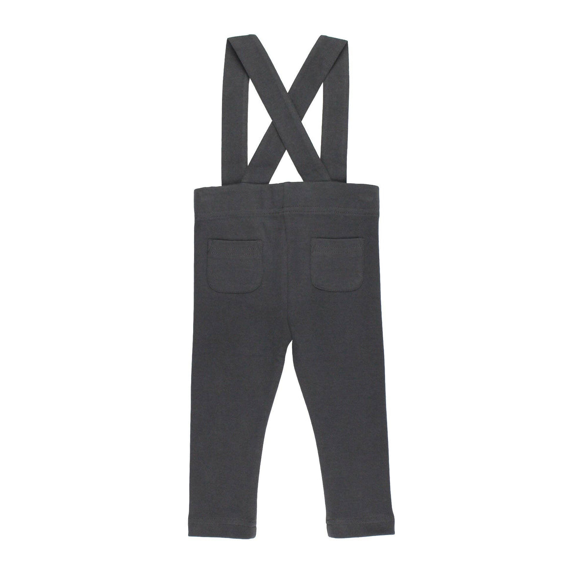 Back of charcoal pants with suspenders on a white background