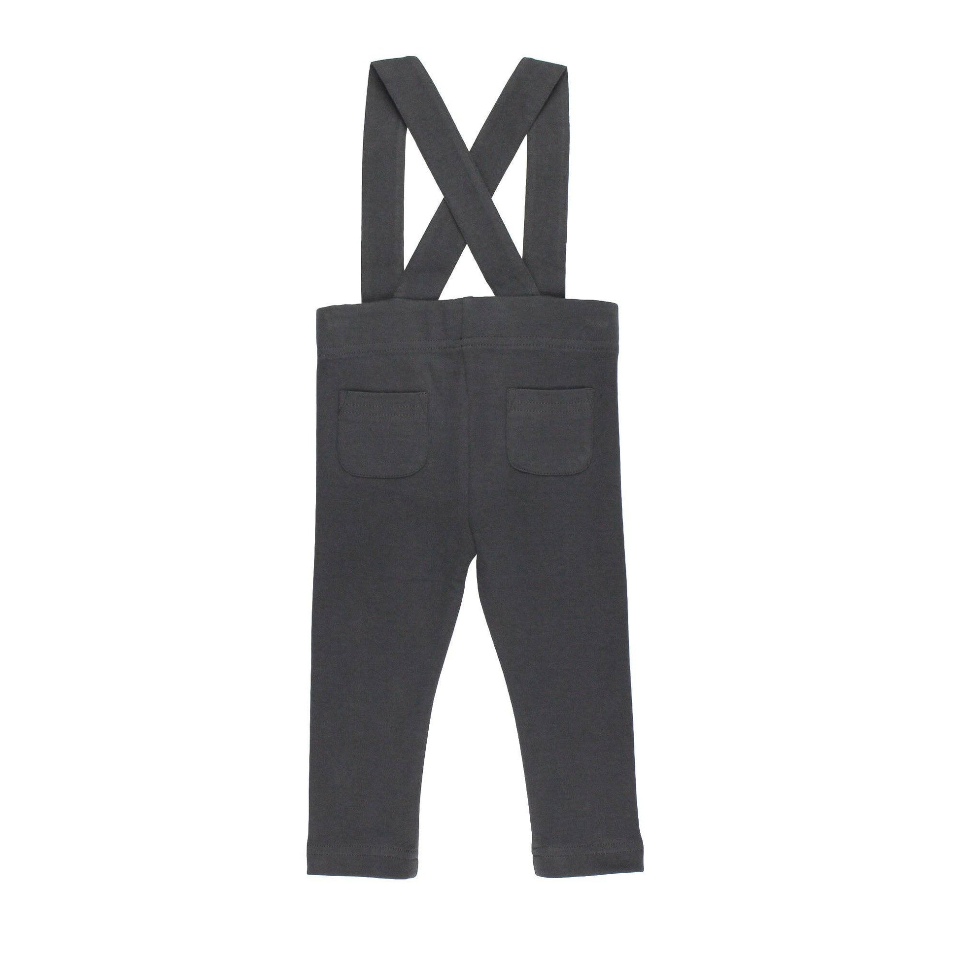 Back of charcoal pants with suspenders on a white background