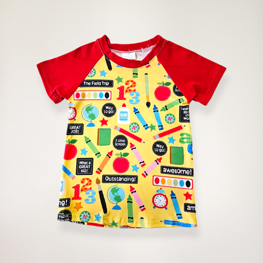 Back to school shirt. Pencils, crayons, numbers and paint.