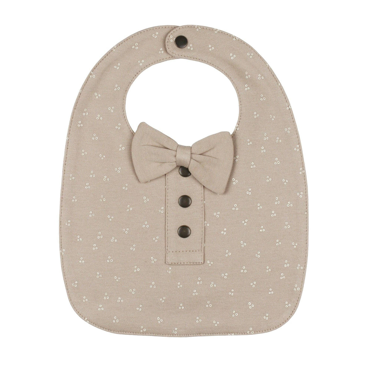 Beige baby bib with bow tie and button details on a white background