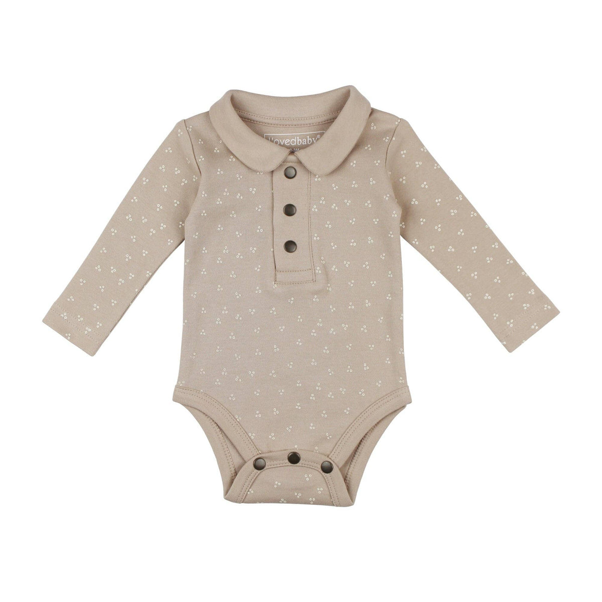 Beige baby onesie with a collar and buttons on a white background