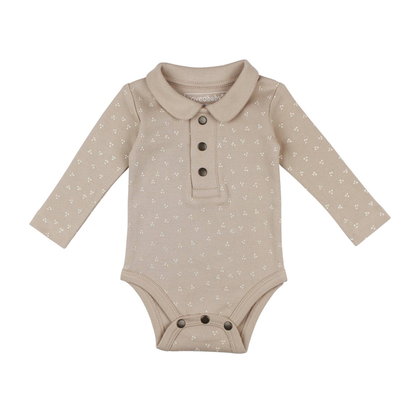 Beige baby onesie with a collar and buttons on a white background