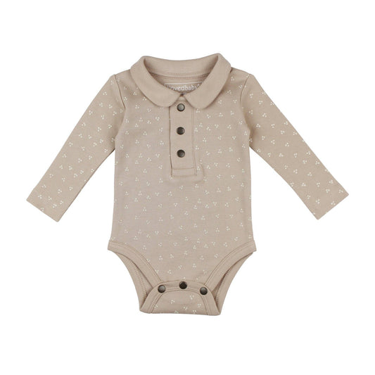 Beige baby onesie with a collar and buttons on a white background
