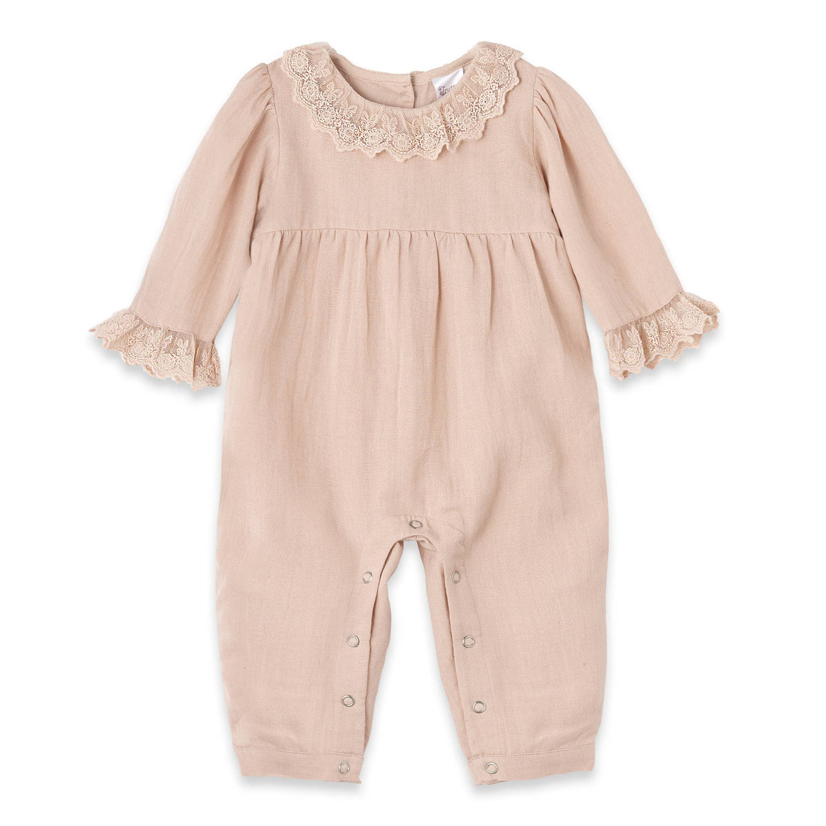 Beige baby romper with lace details on a white background