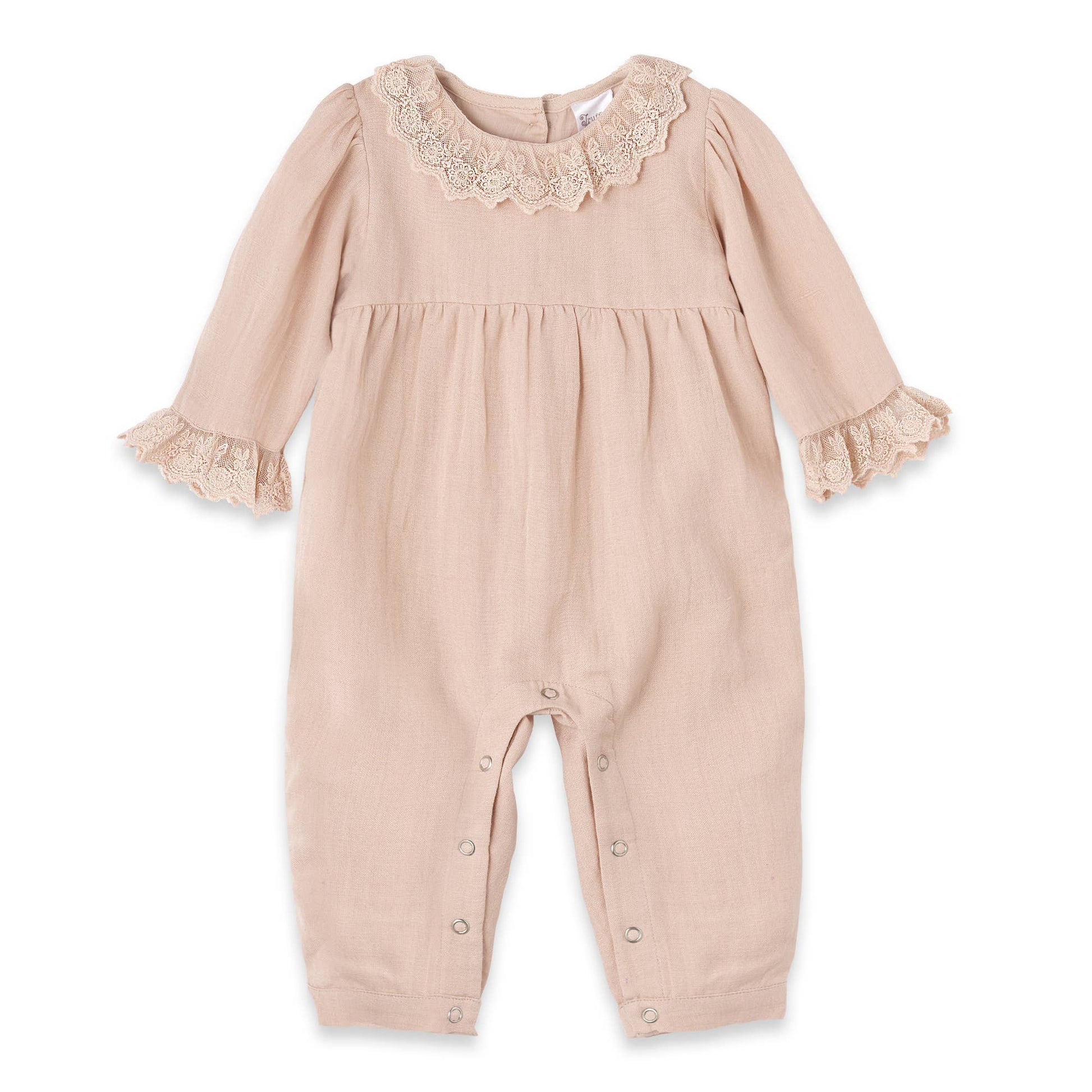 Beige baby romper with lace details on a white background