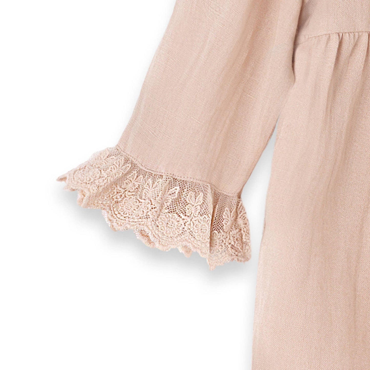 closeup of Beige baby rompers sleeve with lace trim on a white background