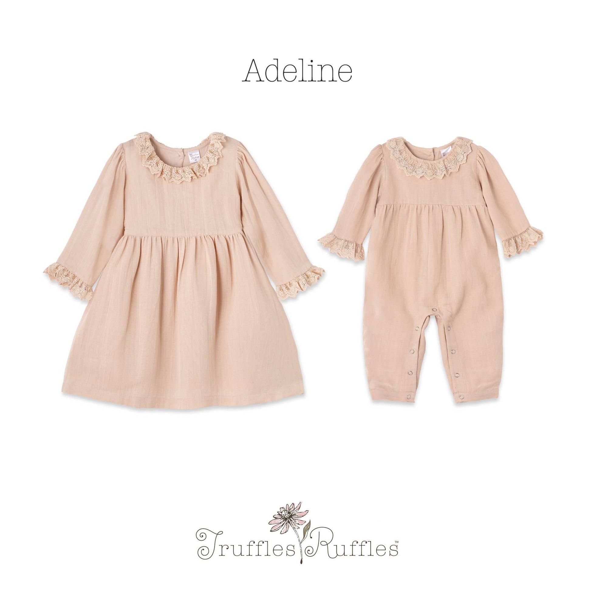 Beige dress and onesie set with 'Adeline' text and 'Truffles Ruffles' logo on a white background