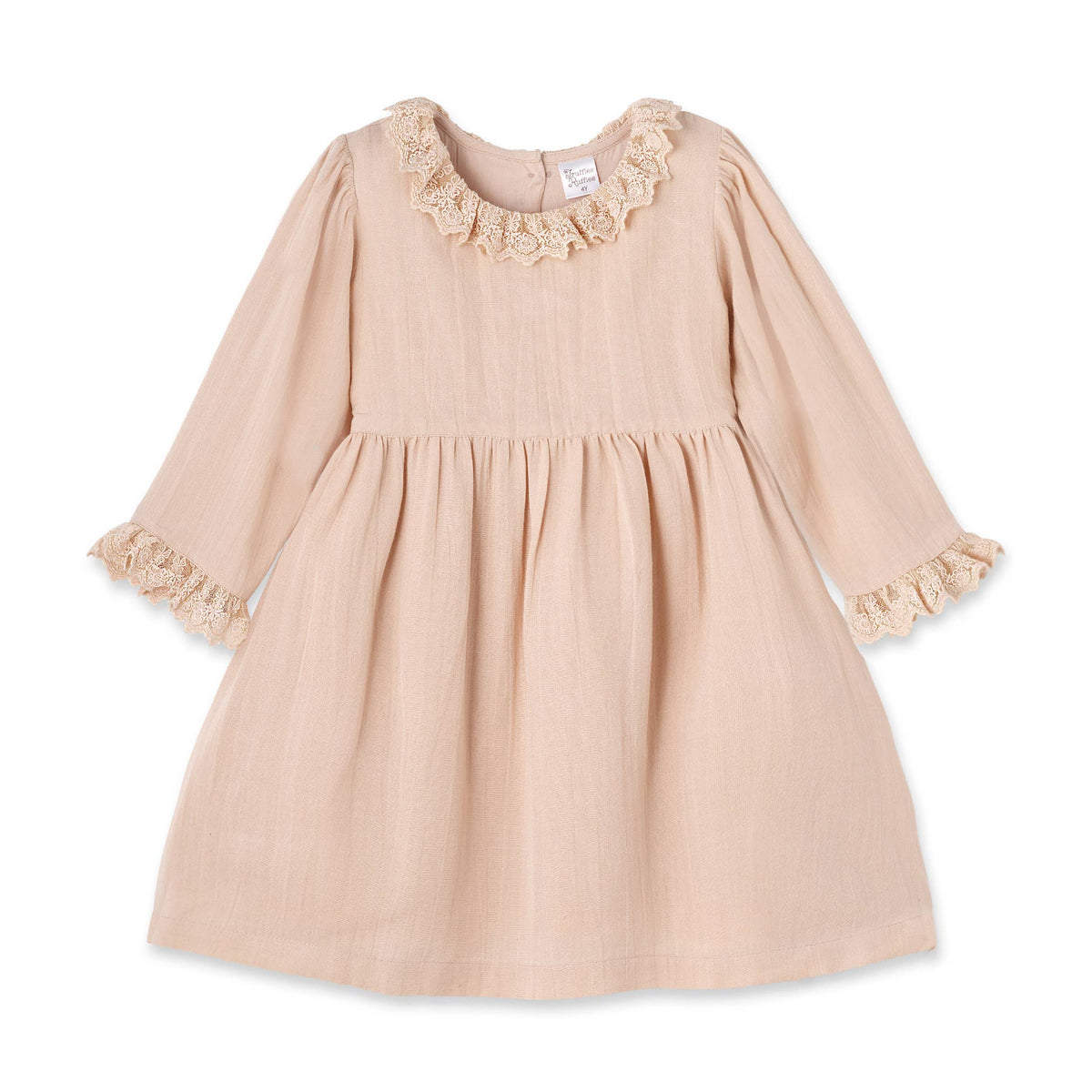 Beige dress with lace details on a white background