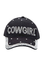 Black cap with 'COWGIRL' text and rhinestone embellishments on a white background
