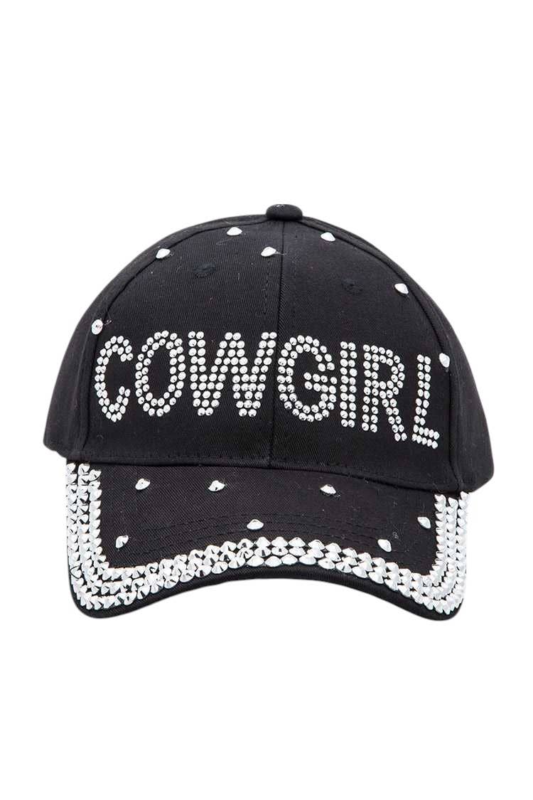 Black cap with 'COWGIRL' text and rhinestone embellishments on a white background