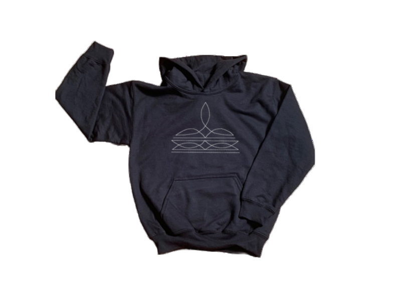 Black hoodie with a white geometric design on a white background