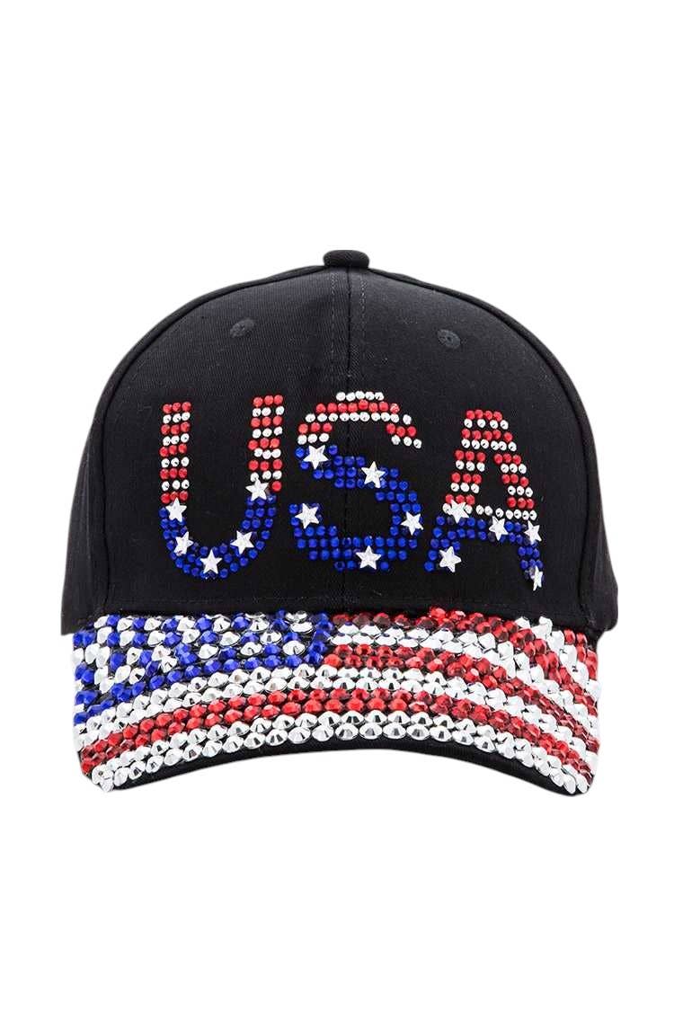 Black cap with 'USA' in red, white, and blue on a white background