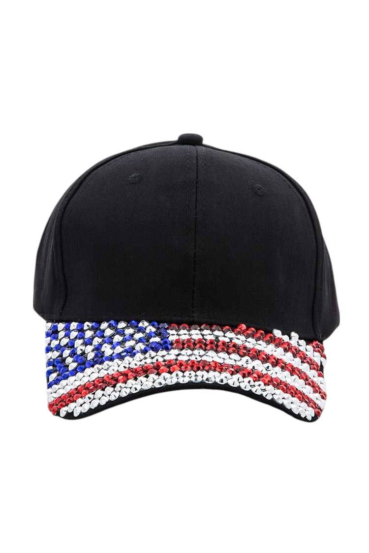 Black cap with American flag design on a white background