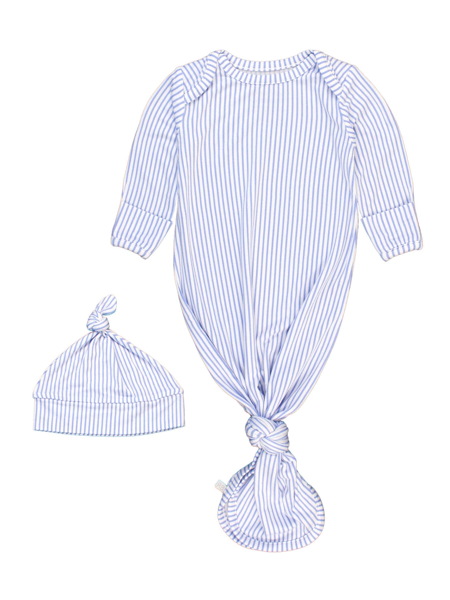 Blue and white striped baby outfit with a matching hat on a white background
