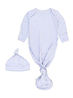 Blue and white striped baby outfit with a matching hat on a white background