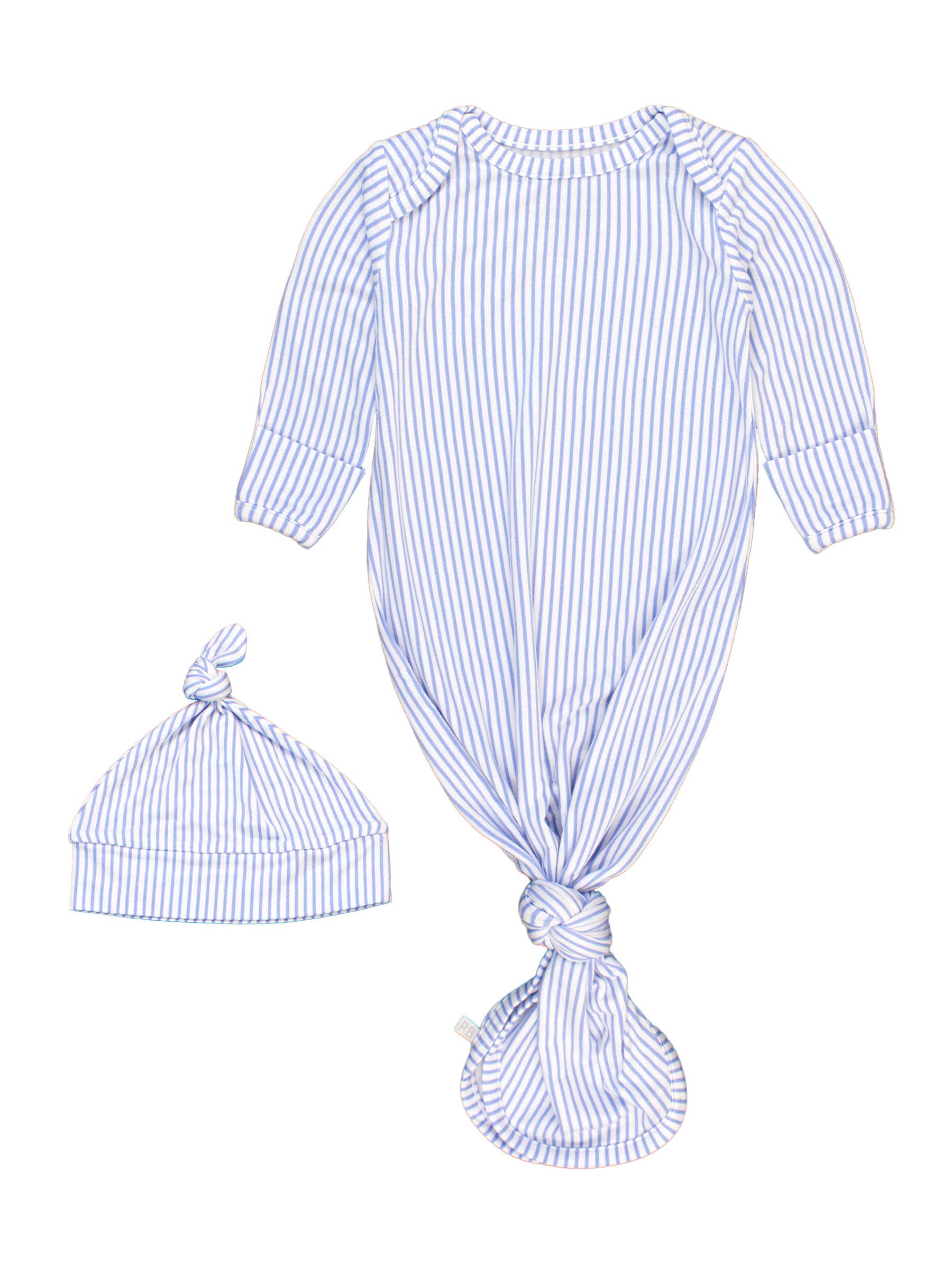 Blue and white striped baby outfit with a matching hat on a white background