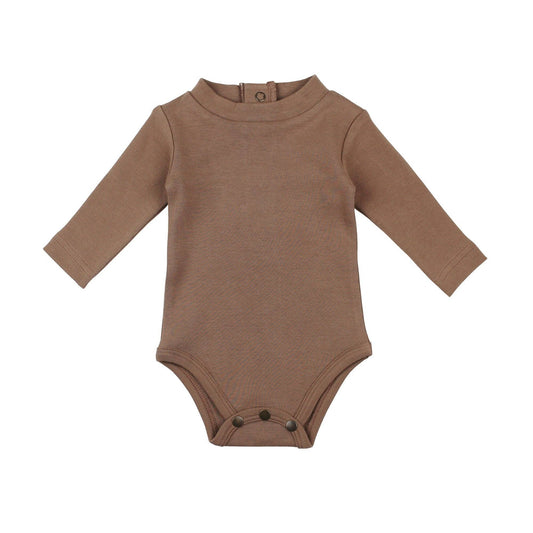 Brown baby bodysuit with long sleeves on a white background