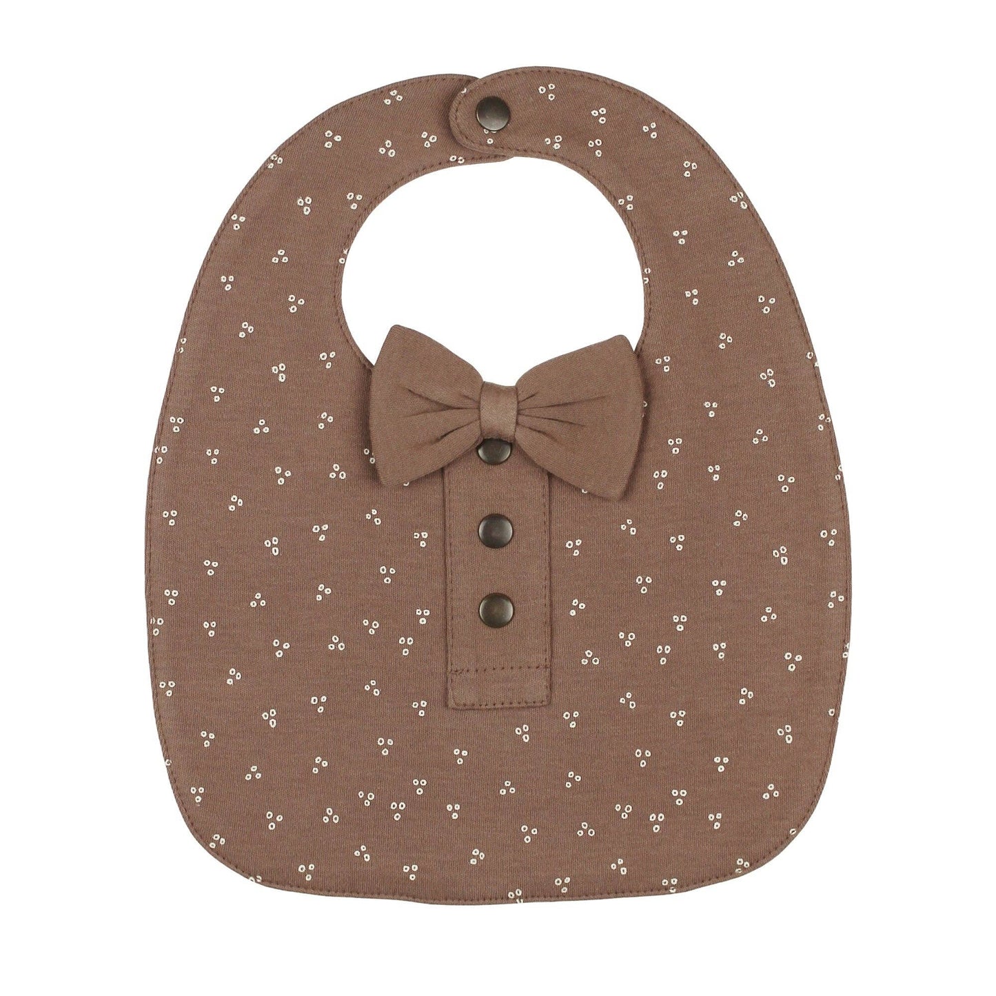 Brown bib with bow and button details on a white background