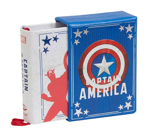 Captain America tiny book with red and blue design on a white background