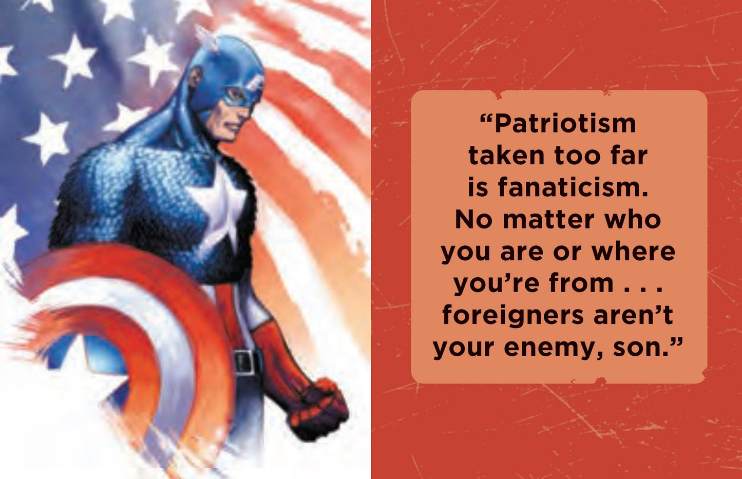 Captain America tiny book Captian in front of an American flag with a quote about patriotism and foreigners.