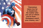 Captain America tiny book Captian in front of an American flag with a quote about patriotism and foreigners.
