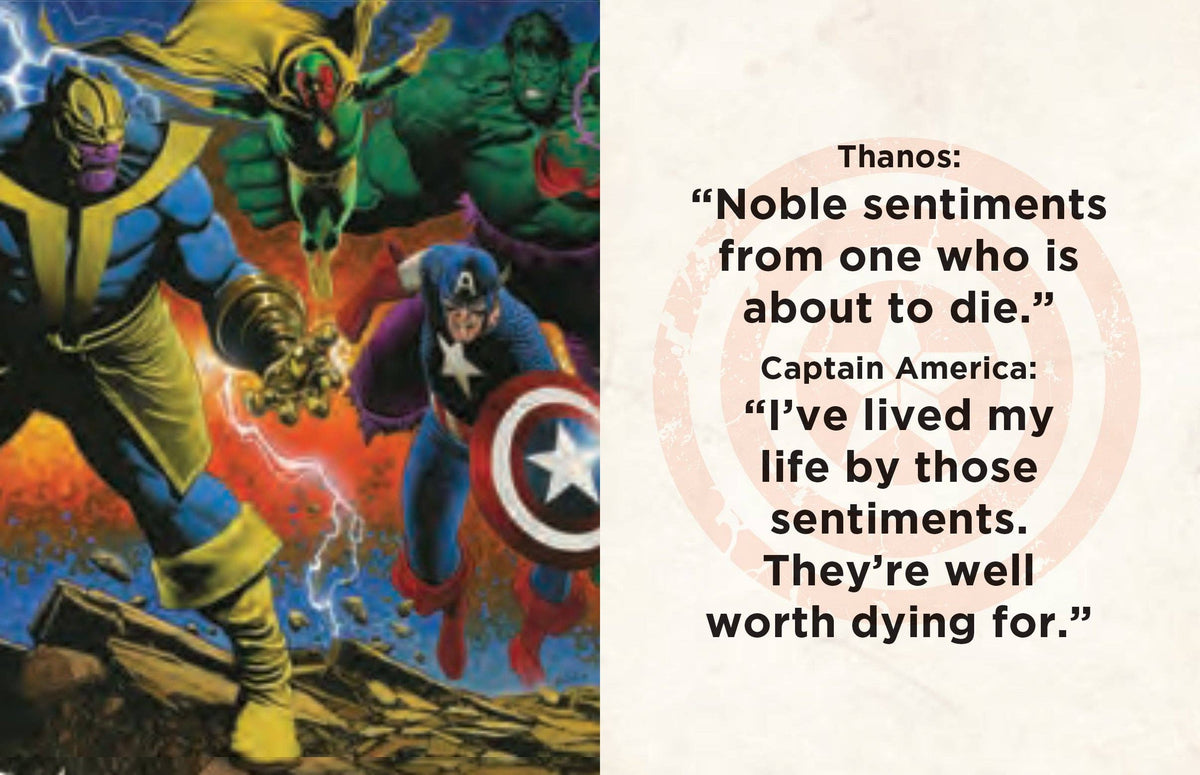Captain America tiny book iillustration with characters and dialogue text.