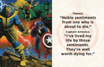 Captain America tiny book iillustration with characters and dialogue text.