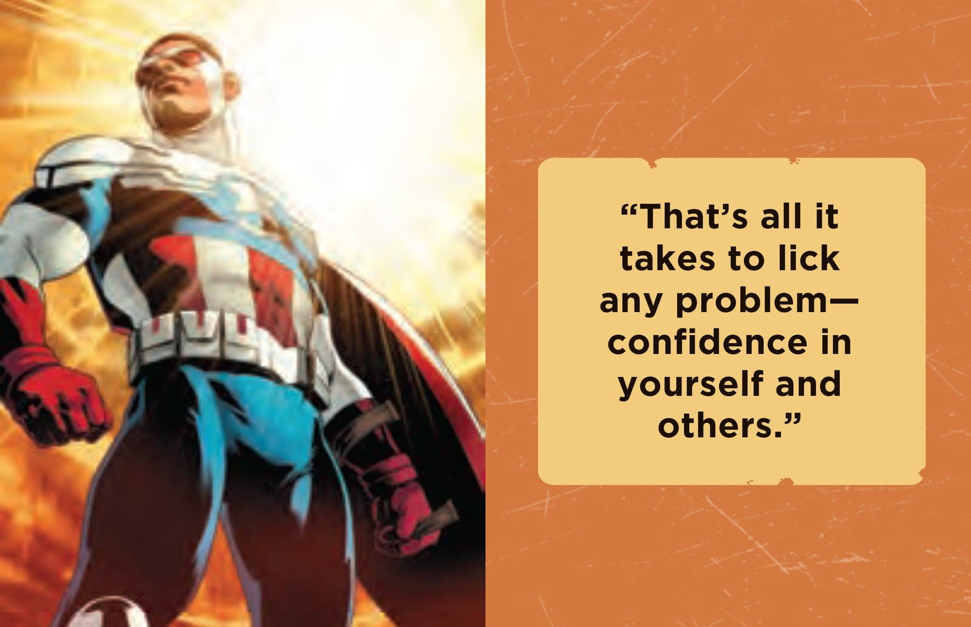 Captain America tiny book with motivational quote on an orange background